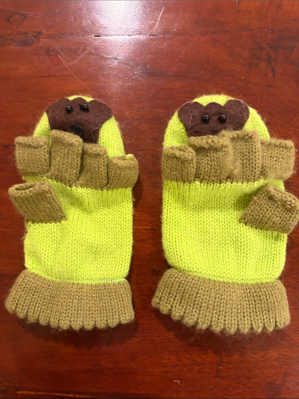 Kids Green and Brown Convertible Mittens with Puppy Applique